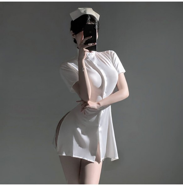 FEE ET MOI - Restrained Desire Lace-Up Waist Nurse Dress (White)